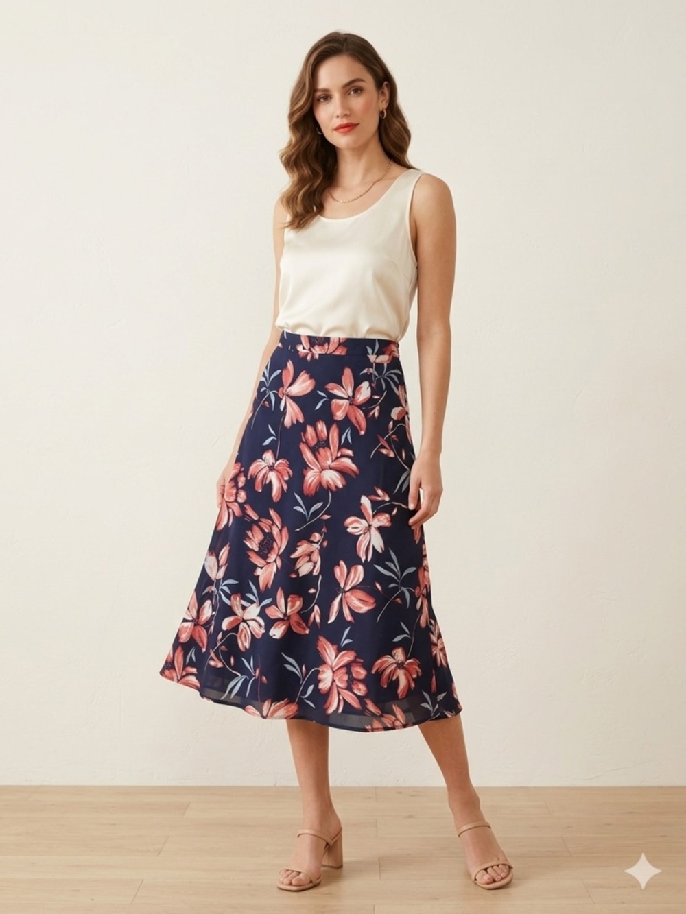 Hutch NWT Floral Midi Skirt Navy Pink Size 6 Anthropologie Style Satin Feel